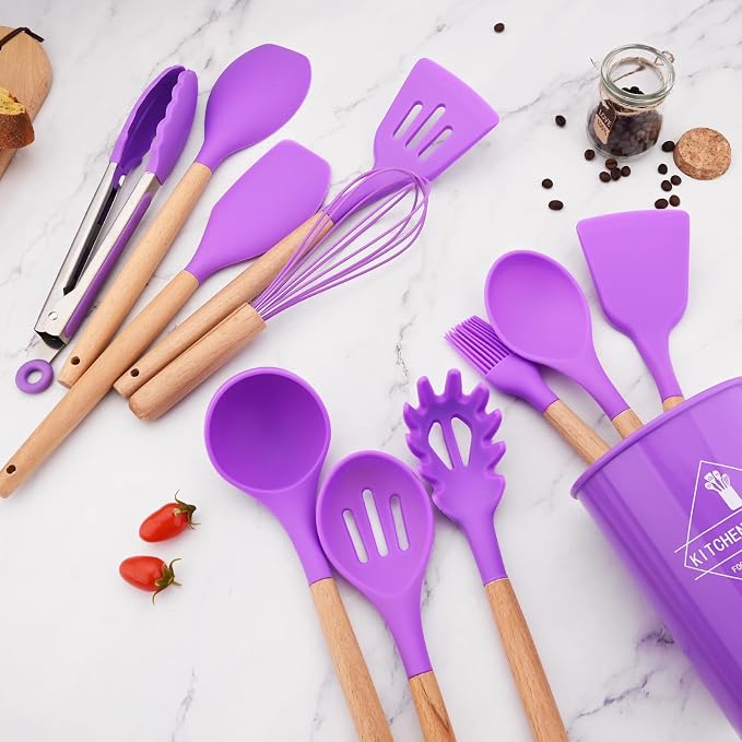 Purple Large Silicone Cooking Utensils, 12pcs Heat Resistant Kitchen Utensils with Rounded Wood Handle for Cooking Baking, Silicone Kitchen Gadgets Tools Spatula Set