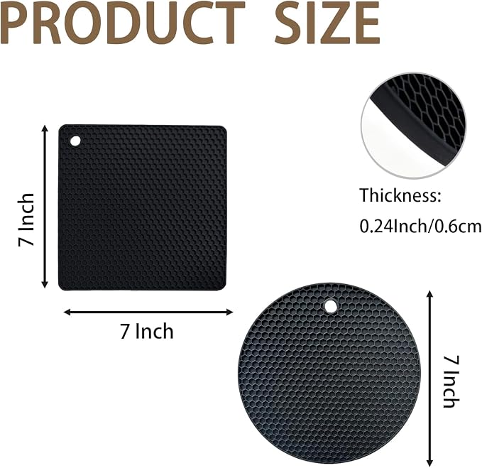 6-Pack Silicone Trivet Mats, Heat Resistant Hot Pads, Dishwasher Safe Kitchen Mats, BPA-Free Pot Holders for Table, Countertop, Stove, Honeycomb Design (Black, 7” Square/Round)