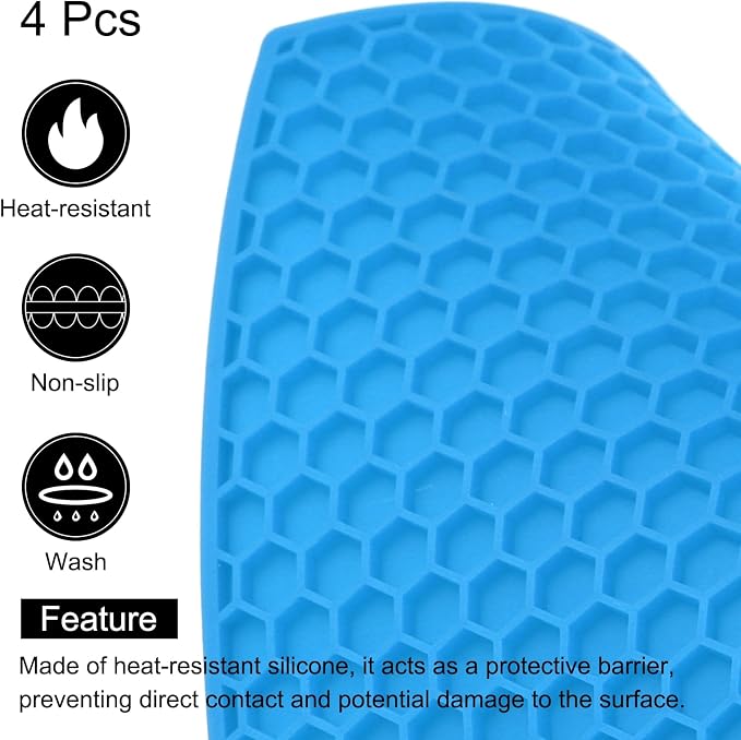 uxcell 4pcs Silicone Trivet Mats Heat Resistant Silicone Pot Holders for Hot Pots and Pans, Non-Slip Hot Pads for Kitchen Hot Dishes Table Countertops, Blue(Hexagonal)