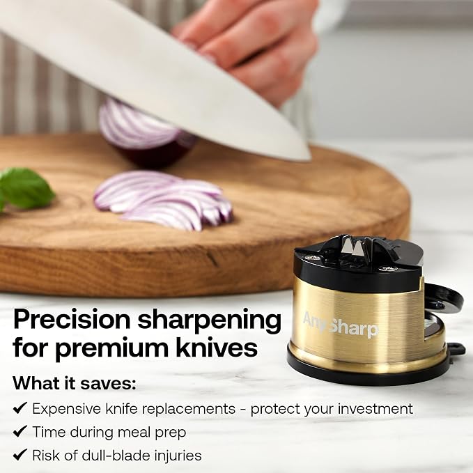 AnySharp – Chef – Hands Free Knife Sharpener - Easy to Use Sharpening Tool with PowerGrip Suction Base and 20-Degree Pre-Set Angle - for All Knives: Chef's, Serrated, and Hardened Steel - Brass