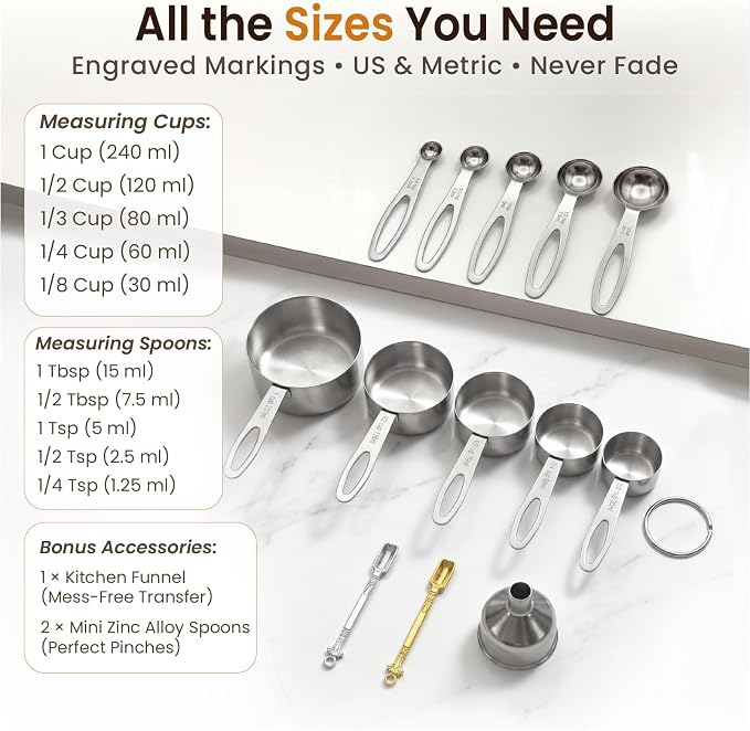 13PCS Stainless Steel Measuring Cups and Spoons Set with Funnel, Stackable Metal Measuring Cup and Spoon Set for Baking Cooking, Dishwasher Safe Kitchen Tools with for Dry & Liquid Ingredients