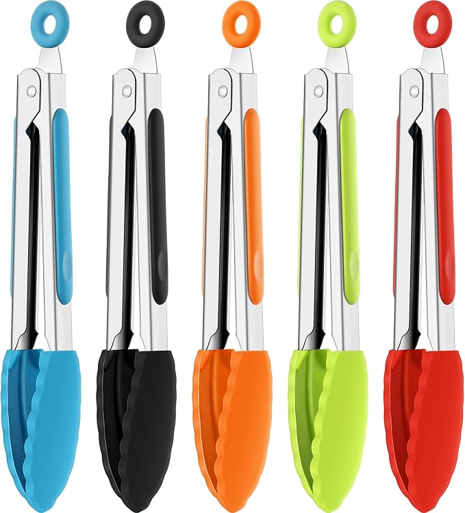 Mudder 5 Pack Mini Kitchen Tongs 7 Inch Silicone Tongs for Cooking Serving BBQ, Small Stainless Steel Food Tong with Silicone Tips for Salad, Bread, Buffet, Party & Kitchen Use(Multi)