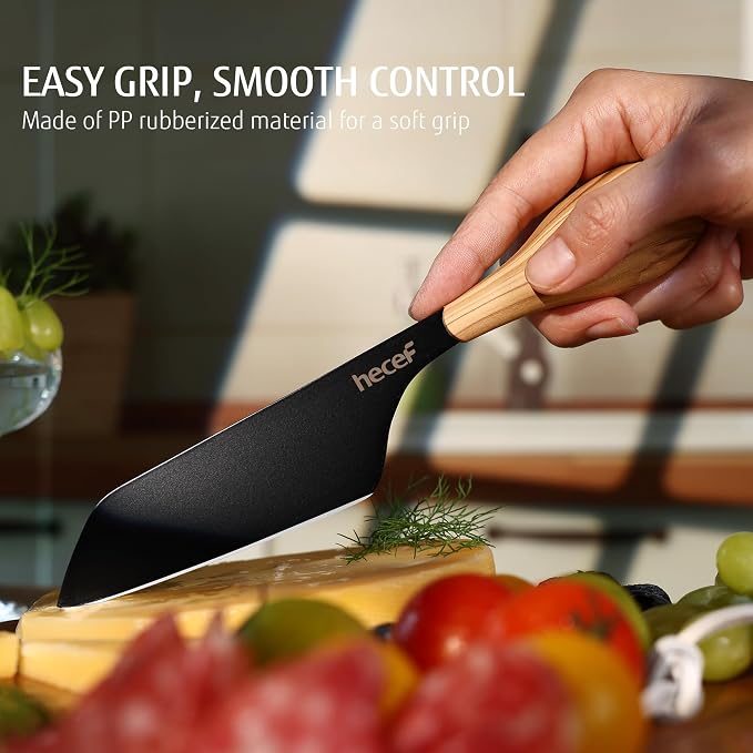 hecef Cheese Knife Set of 3, Includes Pronged, Hard Cheese & Chisel Knife, Matte Black Stainless Steel Knives with Wood Grain Handles, Cheese Tools for Charcuterie Boards, Entertaining, Feast