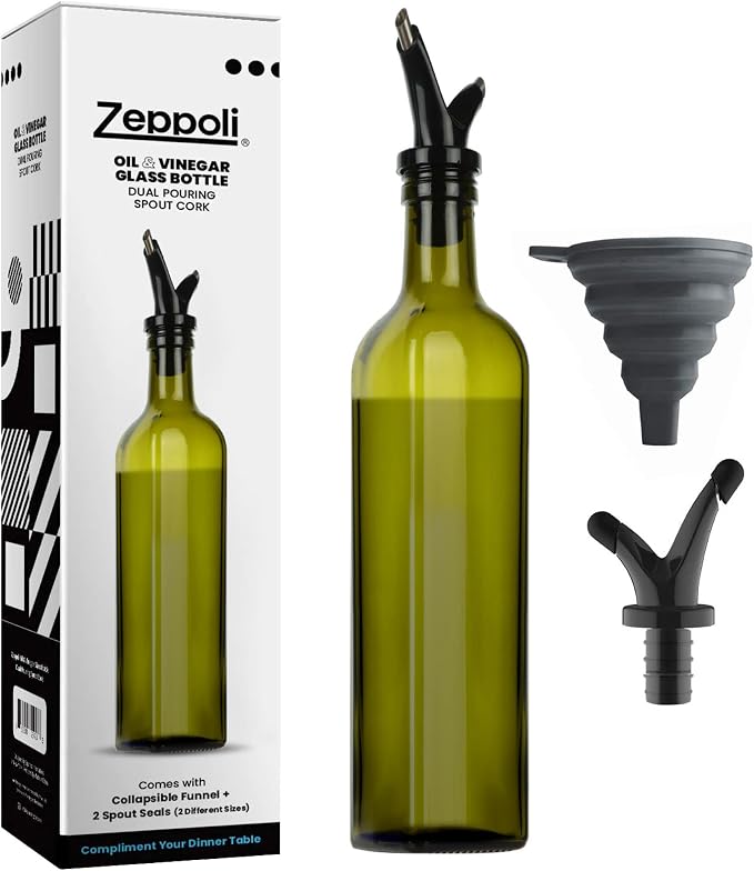 Zeppoli Kitchen Olive Oil & Vinegar Dispenser Bottle - 17 oz Set with Removable Dual Spouts, Pour Funnel, Stainless Steel Cruet - Olive Oil Dispenser Bottle