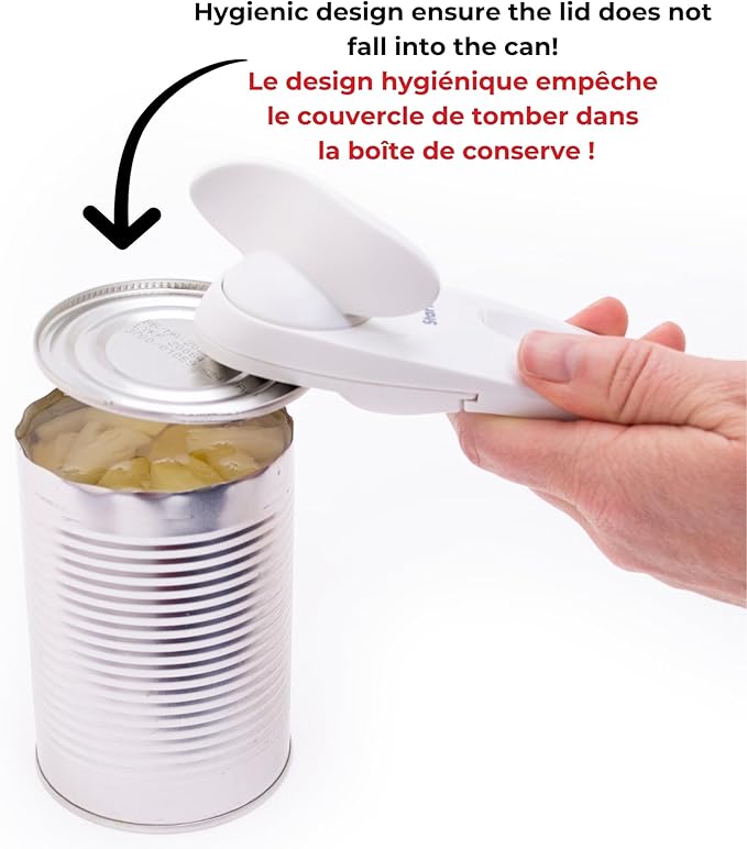Starfrit Little Beaver Can Opener, Safe, Holds Lid and Leaves No Sharp Edges on Lid, Comfort Grip, 3-Year Warranty, White