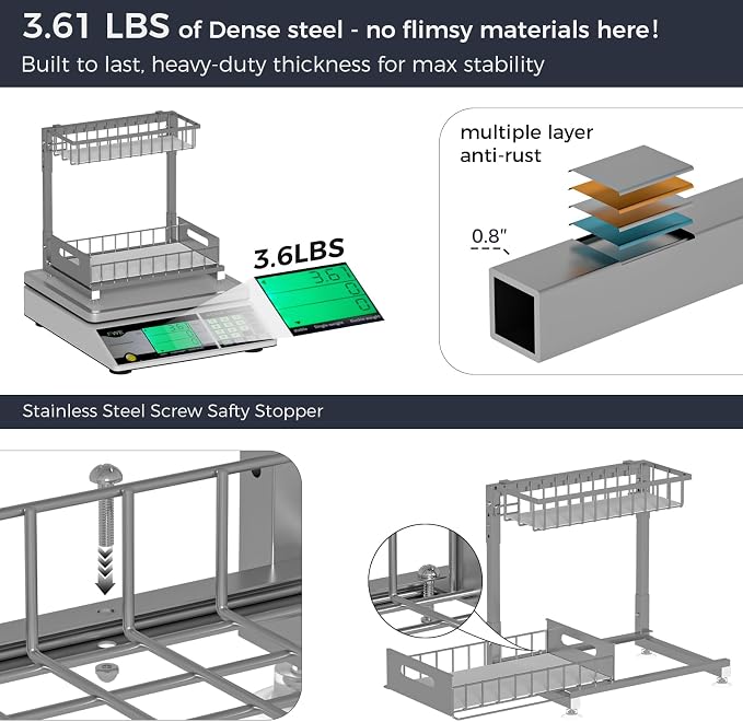 L-Shaped Under Sink Organizer, 2-Tier Pull-out Cabinet Rack 1-Pack | Grey Height-Adjustable Steel Rack, Sliding Grid Drawers with PP Liners, Holds 100 Lbs, Suction Base, Ideal Kitchen Storage