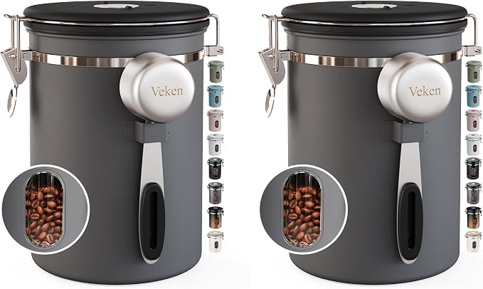 Veken Coffee Canister with Window,Airtight Stainless Steel Kitchen Food Storage Container, Date Tracker & Scoop for Grounds Coffee, Beans, Tea, Flour, Cereal,Sugar,22OZ,Grey (Pack of 2)