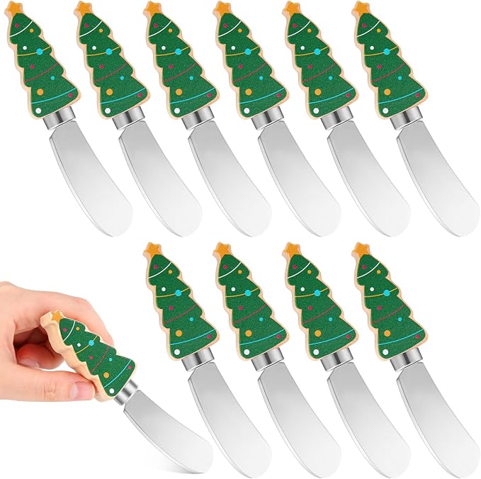 Sieral 10 Pcs Christmas Cheese and Butter Spreader Knives Butter Spreader Knives Multipurpose Christmas Decor with Hand Painted Wooden Handle Stainless Steel Blade
