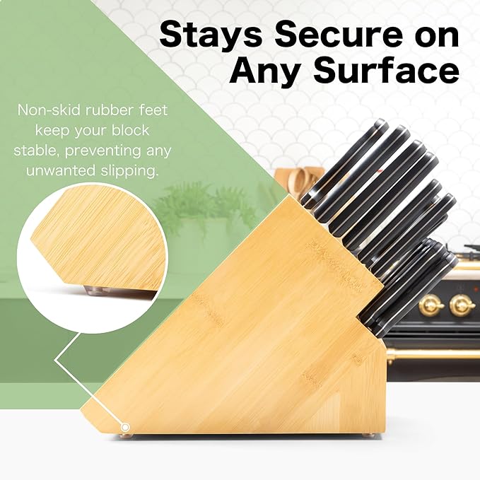 Shenzhen Knives 20 Slot Knife Block without Knives - Solid Wood Core Bamboo Veneer - Large 8x5.25x11 Inch Countertop Knife Holder Organizer and Kitchen Storage