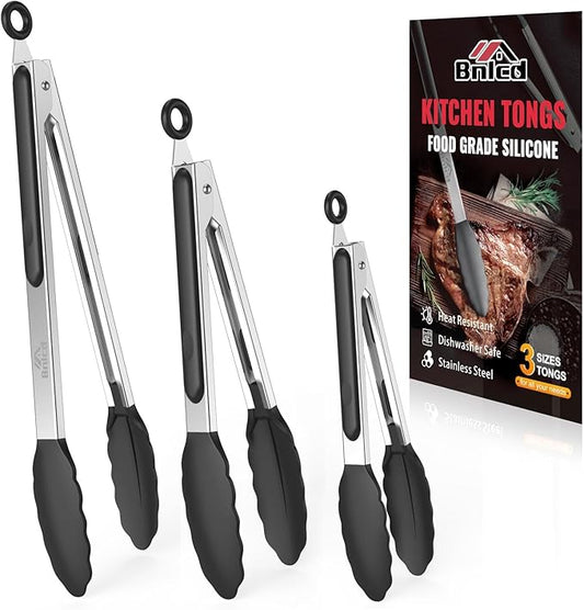 Good Grip Cooking Tongs with Silicone Tips, Set of 3-7" 9" and 12" | 600ºF Heat Resistant, 5-Layer Heavy Duty Stainless Steel, Pull Lock, Non Stick - Kitchen Tongs for Salad, Cooking and Frying
