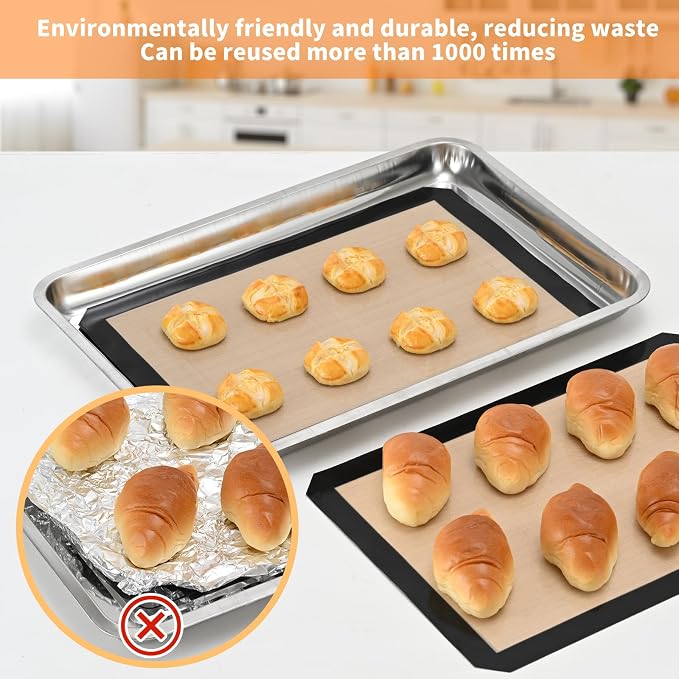 Luckyiren 2 Pack Silicone Baking Mat Set, Nonstick Half Sheet, Orange/Beige | Two 16.54 x 11.62 in reusable nonstick silicone baking mats fit half sheet pans; cookie sheet liners for cookies and pastry.