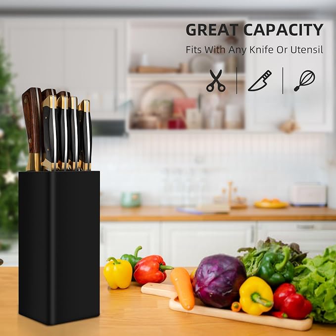 Knife Holder Without Knives Square, Empty Knife Blocks Black, Knife Holder with Flexible Slats, Universal Knife Stand for Kitchen, Kitchen Knife Storage, 22 x 9.5 x 9.5 cm