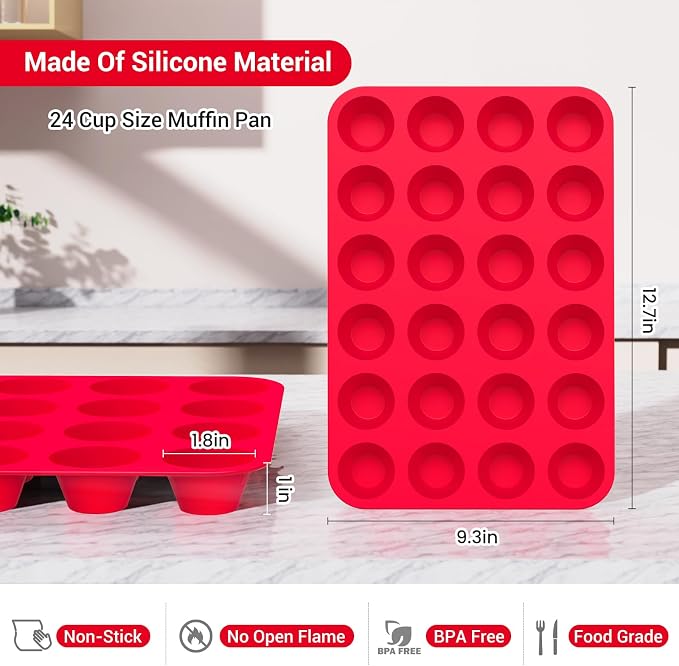 Redfly 2 Pack Silicone Mini Muffin Pan & Cupcake Pans for Baking - 24 Cup Mini Size BPA Free Egg Bites Molds