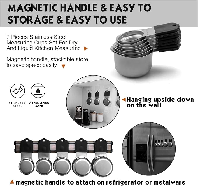 Magnetic Measuring Cups Set, 7 Pieces 18/8 Stainless Steel Stackable Nesting Heavy Duty Metal Measure Cups, Silicone Handle kitchen Tools for Dry and Liquid Ingredients, Dishwasher Safe (Black）
