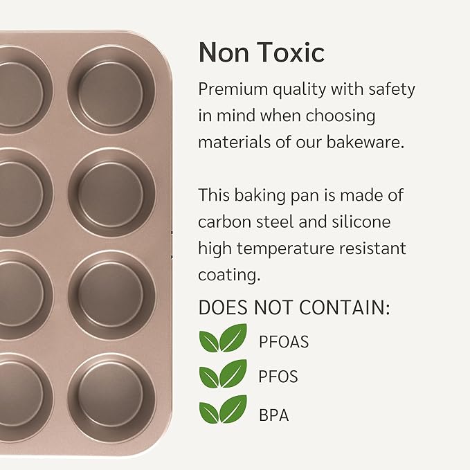 12 Cup Muffin Pan Nonstick, PFOA & BPA Free | | Non-Toxic - High Carbon Steel - Gold - Cupcake Tin for Oven Baking