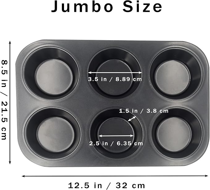Non-Stick Black Jumbo Muffin Pans, 6-Cup Set of 2 | Carbon Steel, Spatula Included for Extra-Large Muffins & Cupcakes