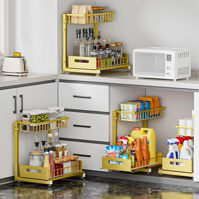 2-Pack L-Shaped Under Sink Organizer, 2-Tier Pull-out Cabinet Rack | Gold Height-Adjustable Steel Rack, Sliding Grid Drawers with PP Liners, Holds 100 Lbs, Suction Base, Ideal Kitchen Storage