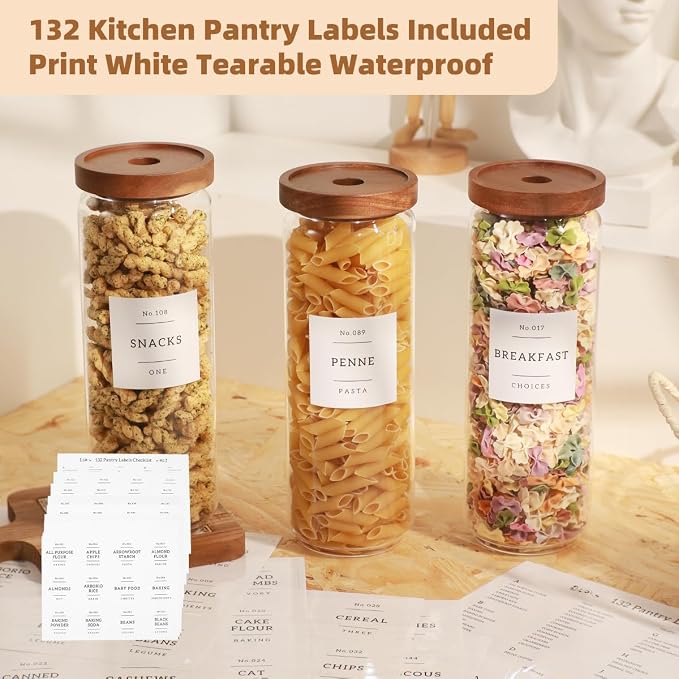 3 Pack Glass Canisters with Airtight Acacia Lids and 132 Kitchen Pantey Labels Preprint - 45 Fl Oz Borosilicate Glass Pantry Storage Jars Containers with Wooden Lids for Tea,Sugar,Cookie,Coffee,Nuts