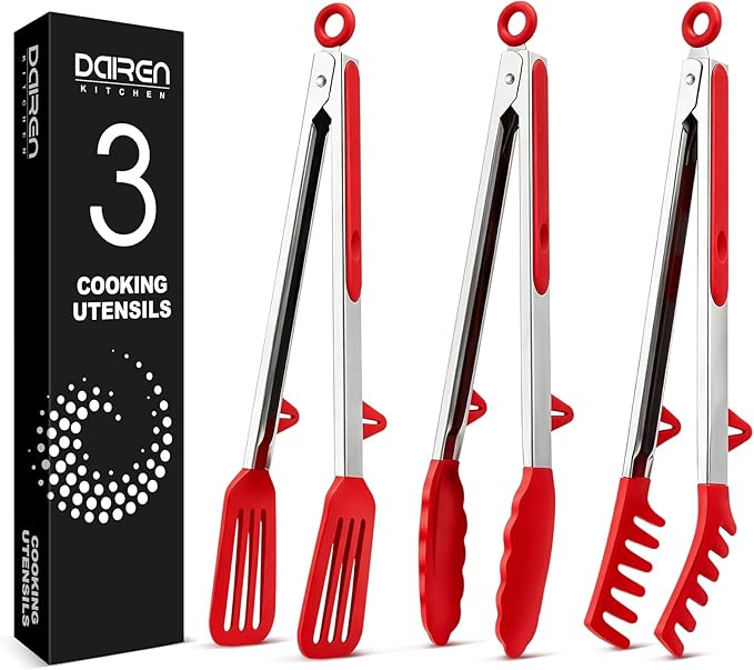 Kitchen Tongs for Cooking, Non Scratch Silicone Tip for Nonstick Cooking Pans, Food Grade Mini Serving Tongs, Pull Lock, Set of 3 (Red, 12 inch)