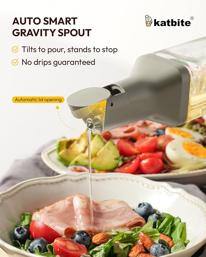 katbite 16oz Glass Olive Oil Dispenser Bottle for Kitchen Cooking - Leakproof Kitchen Essential with Precise Pouring Spout for Salad, Air Fryer, BBQ, Non-Stick Pans, Easy Refill and Use, Light Grey