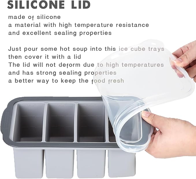 Extra Large Silicone Ice Cube Tray with Lid, Easy Release 1.5 Cup Freezer Trays for Soup, Broth, Sauce & Food Storage, BPA-Free Reusable Freezing Mold, 2 Pack Grey