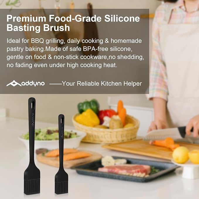 Silicone Basting Brush Set, 2-Pack Food-Grade BPA-Free Pastry Brush, 446°F Heat Resistant with Reinforced Inner Core, One-Piece Design for BBQ, Grilling, Baking, Butter, Marinades & Oil (Black)