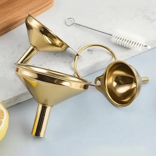 Gold Stainless Steel Funnels for Kitchen Use, Large Tiny Small Funnel Set of 3 with 2Pcs Cleaning Brush Set for Filling Bottles Oil Liquor Water Spice (Gold)
