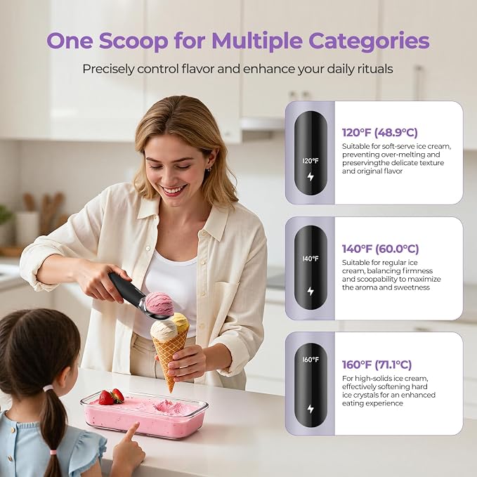 Heated Ice Cream Scoop Rechargeable, 3-Speed Electric Warming Ice Cream Scooper with LED Display, Heats to 160°F for Hard Ice Cream and More, Easy for Seniors & Kids, IP67 Waterproof, Easy to Clean