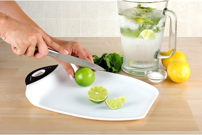 Dexas Chop & Scoop Cutting Board with Non-Slip Feet, 11 x 15 Inch, BPA-Free Dishwasher Safe Kitchen Prep Board, White and Black