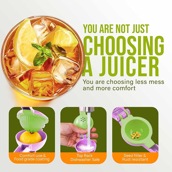 Zulay Kitchen Metal 2-in-1 Lemon Squeezer - Sturdy Max Extraction Hand Juicer Lemon Squeezer Gets Every Last Drop - Easy to Clean Manual Citrus Juicer - Easy-Use Lemon Juicer Squeezer - Purple/Lime