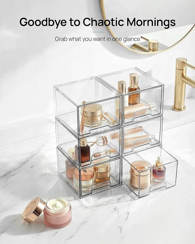 Vtopmart 10 Pack Small Clear Stackable Storage Drawers | Plastic Bathroom Makeup Organizer, For Vanity, Undersink, Kitchen Cabinets, Pantry, Home Organization