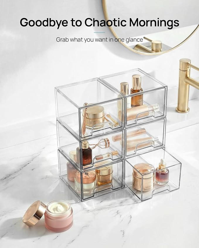 Vtopmart 12 Pack Small Clear Stackable Storage Drawers | Plastic Bins, Bathroom Makeup Organizer, For Vanity, Undersink, Kitchen Cabinets, Pantry, Home Organization