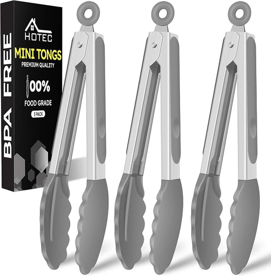 Hotec Mini Silicone Kitchen Tongs for Cooking - 7-Inch Small Serving Tongs with Silicone Tips, Set of 3 (Grey)