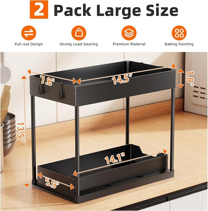 Simple Trending Under Sink Organizer 2 Pack, Sink Pull-Out Sliding Storage Cabinet, 2-Tier Under Shelf Organizer for Kitchen Bathroom, Black