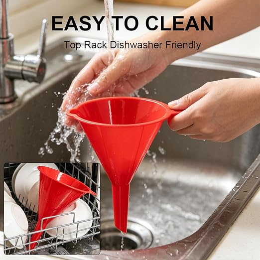 Plastic Kitchen Funnel Set of 3 with Brush – BPA Free Food Grade Funnels for Filling Canning Bottles Oil, Multifunctional for Cooking Lab Automotive, Red
