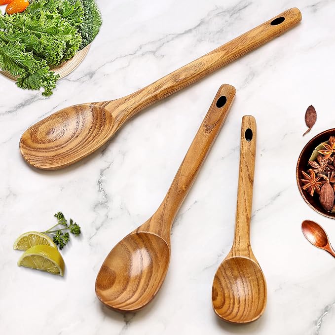 3 Piece Wooden Spoons for Cooking Spoon Set Wood Cooking Utensils Serving Spoon Kitchen Spatula Large Mixing Spoon Long Baking Ladle Bamboo Stirring Non Toxic Spoons Ladles Kitchen Tools Utensil