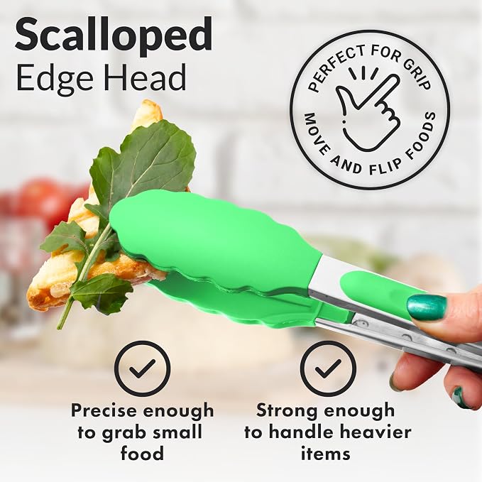 Zulay Stainless Steel Kitchen Tongs with Silicone Tips - Set of 2 (9” & 12”) Locking Cooking Tongs with Non-Slip Grip - Heat Resistant, BBQ Food Tongs for Non-Stick Cooking Pans (Silver/Light Green)