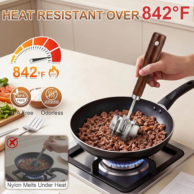 Stainless Steel Meat Chopper, 6 Curve Blades Beef Masher with Wooden Handle | 9.25 Inch Potato fruits Masher and tenderizes meat Hamburger Smasher, Mix and Chop Kitchen Tool for Taco Meat