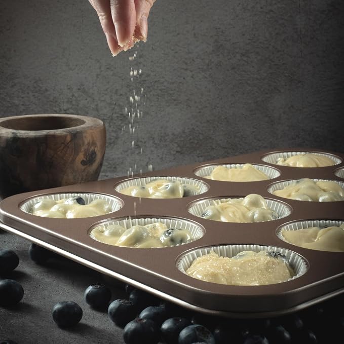 12 Cup Muffin Pan Nonstick, PFOA & BPA Free | | Non-Toxic - High Carbon Steel - Gold - Cupcake Tin for Oven Baking