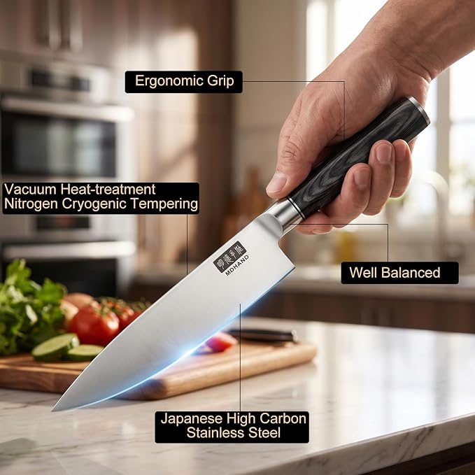 MDHAND Chef Knife, 8 Inch High Carbon Stainless Steel Japanese Kitchen Knife with Black Pakkawood Handle, Ultra Sharp Cooking Knife for Meat Vegetable Cutting, Home & Restaurant, Chef Gifts