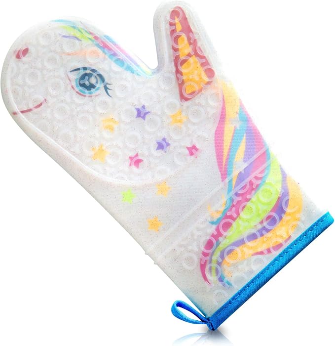 Glitter Magic Unicorn Silicone Oven Mitt - Funny Oven Mitts - Heat Resistant Kitchen Glove, Soft Silicone, Quilted Fabric Lining
