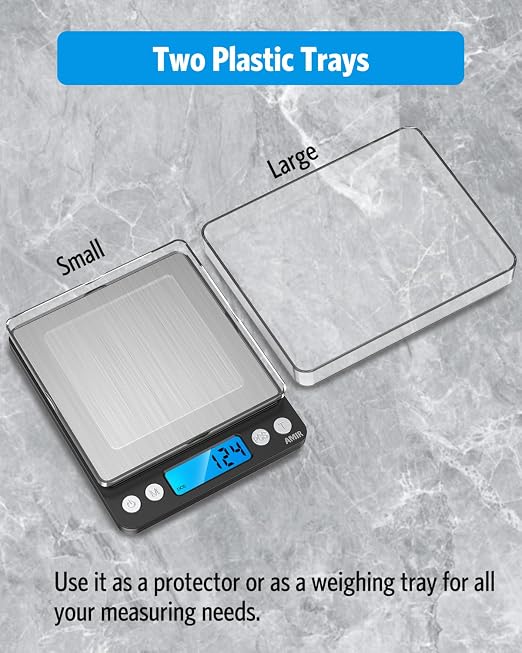 AMIR Digital Kitchen Scale, 500g/0.01g Mini Pocket Jewelry Scale, Cooking Food Scale with Backlit LCD Display, 2 Trays, 6 Units, Auto Off, Tare, PCS Function, Stainless Steel, Battery Included, Black