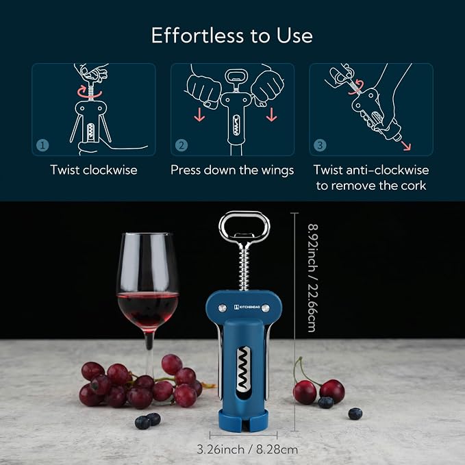 KITCHENDAO 3 in 1 Wing Corkscrew Wine Bottle Opener with Foil Cutter, Built-in Beer Bottle Opener, Multifunctional Wine Opener with Non-Stick Sharp Screw, Easy to Use, Manual Wine Corkscrew, Blue