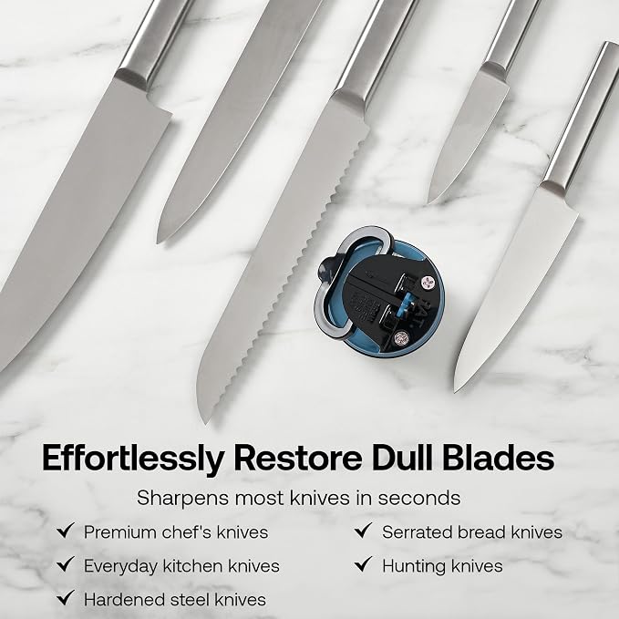 AnySharp – Global – Hands Free Knife Sharpener - Easy to Use Sharpening Tool with PowerGrip Suction Base and 20-Degree Pre-Set Angle - for All Knives: Chef's, Serrated, and Hardened Steel - Blue
