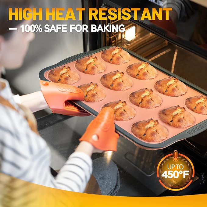 Silicone Muffin Pan, 12 Cups Non-Stick Cupcake Pan, Food-Grade BPA-Free Muffin Tin, Oven-Safe 450 °F, Reinforced Steel Frame, Easy-Grab Handles, Quick-Release 2.3" Baking Molds for Mini Treats