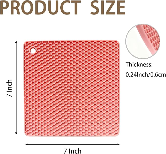 6-Pack Silicone Trivet Mats, Heat Resistant Hot Pads, Dishwasher Safe Kitchen Mats, BPA-Free Pot Holders for Table, Countertop, Stove, Honeycomb Design (Pink, 7" Square)