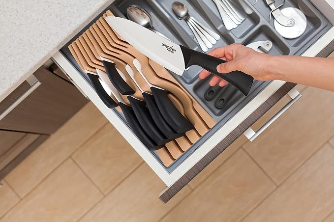 Shenzhen Knives Large In-Drawer Plastic Knife Block: 11 Slot (Holds 10-12 Knives) Empty Knife Holder for Kitchen Drawers - Cutlery Tray Organizer & Storage