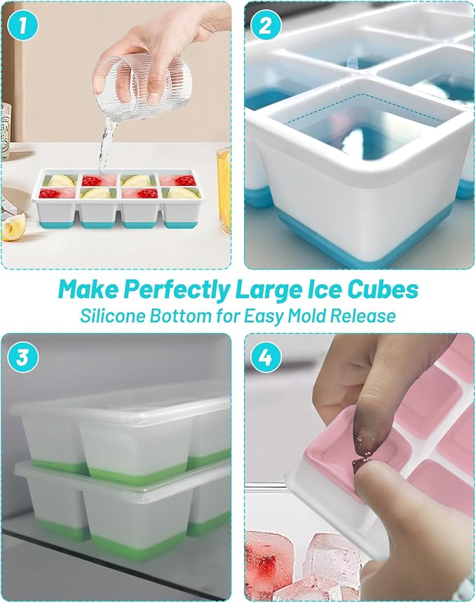 VEHHE Large Square Ice Cube Trays, 3 Pack Easy to Clean Ice Molds with Lid, Easy Release and Flexible Silicone 24-Ice Cube Molds, Mixed Colours