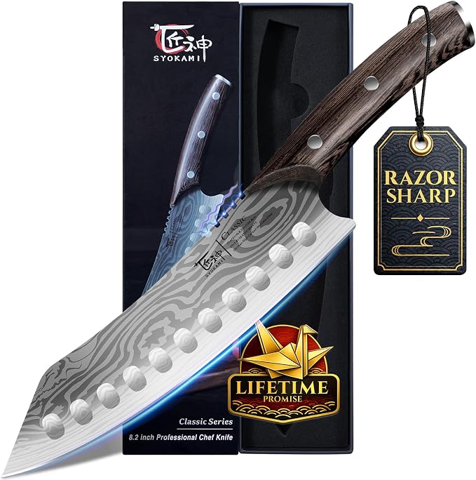 SYOKAMI Japanese Kitchen Knife, 8.2 Inch Chef Knife, Carbon Steel Kiritsuke, Razor Sharp Santoku for Precision Cutting, Damascus Pattern, Full Tang Wood Handle, Housewarming Cooking Gifts