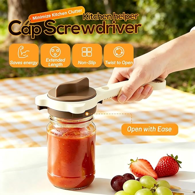 Adjustable Jar Opener with 3-Claw Grip and Bottle Opener | Plastic body,metal contact teeth,adjustable three-point grip,long lever handle,built-in bottle-cap opener,1piece